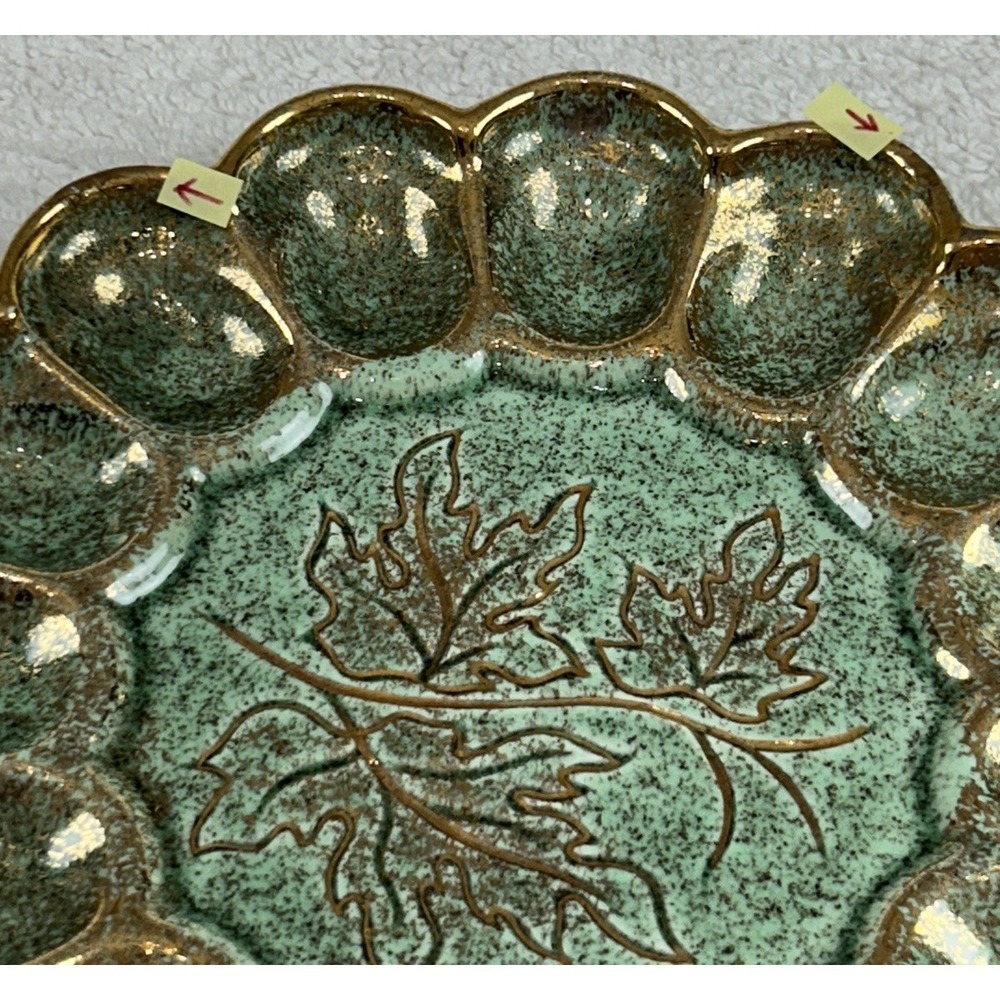 Vtg California Original Pottery 703 Egg Dish Green w/Gold Splatter Leaf **READ** - Picture 11 of 11